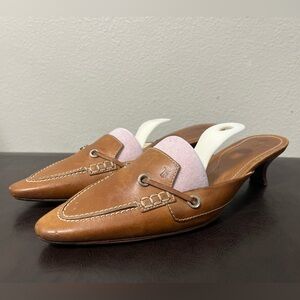 Tod’s Size 9 Tan Leather Pointed Toe Kitten Heel Mules Slides Whimsy Cottage